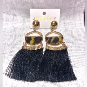Gold-Tone Black Tassel Drop Earrings with Animal Print Accent